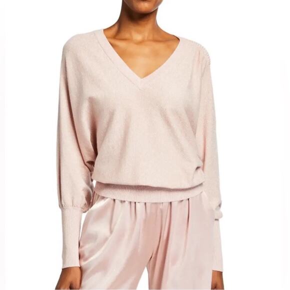 Milly Womens Metallic Pink Dolman Sleeve Slouchy Knit V Neck Sweater Top Size M - Picture 1 of 9
